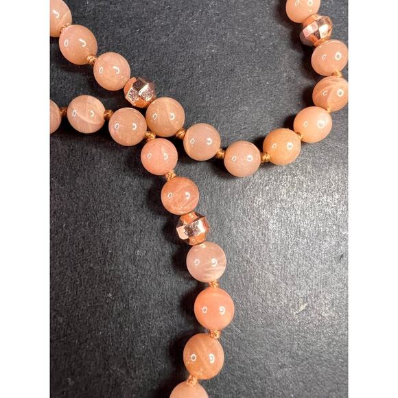 NEW Peach moonstone 30 inch knotted necklace with rose gold over bronze - Picture 7 of 11